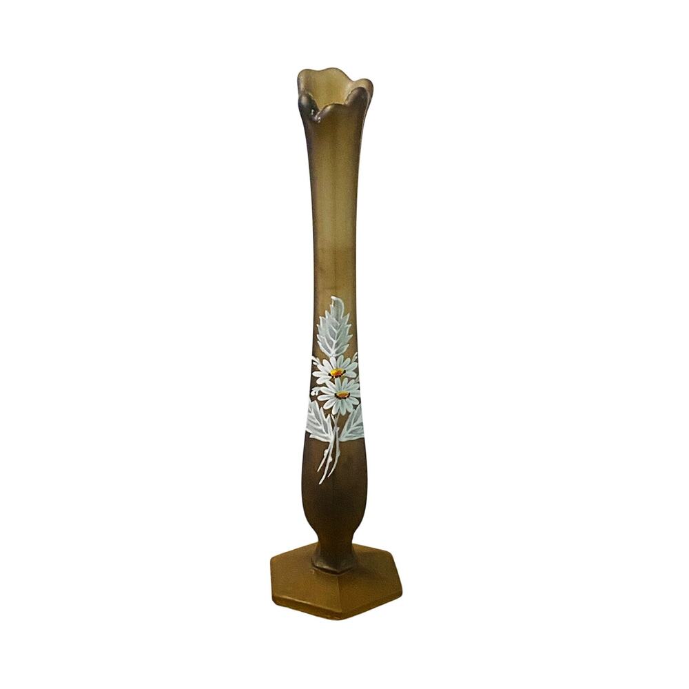 Vintage Westmoreland Brown Satin Glass Bud Vase Hand Painted Floral 10 Inch
